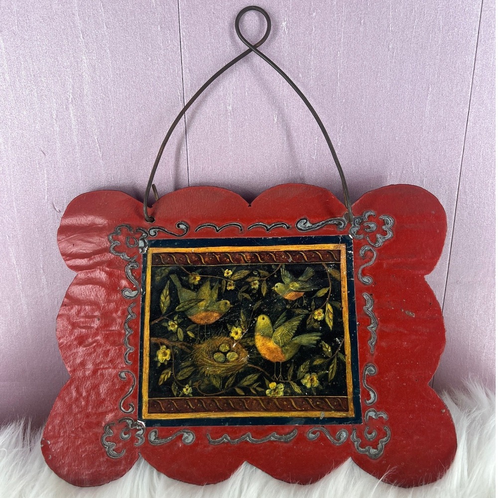 Vintage Folk Art Metal Wall Hanging Birds Nest Scalloped Red Plaque Cottagecore - Picture 3 of 7